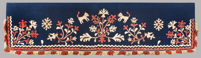 Antique Folk Art Appliqued Wool Valance, Early Cotton Prints on Blue Ground 
Nineteenth Century, Unknown Maker, entire view